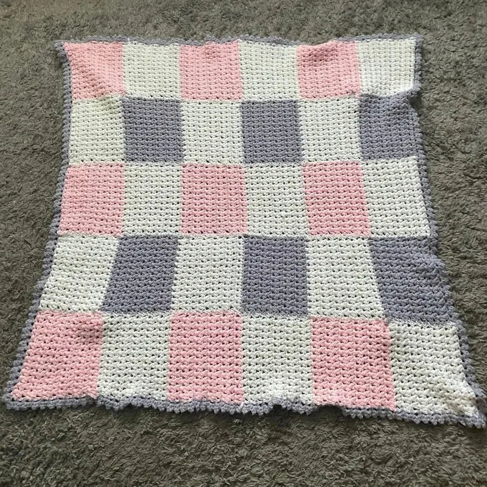Vintage Hand Crochet knit Baby Blanket 42.5X42.5 color squares and flowers